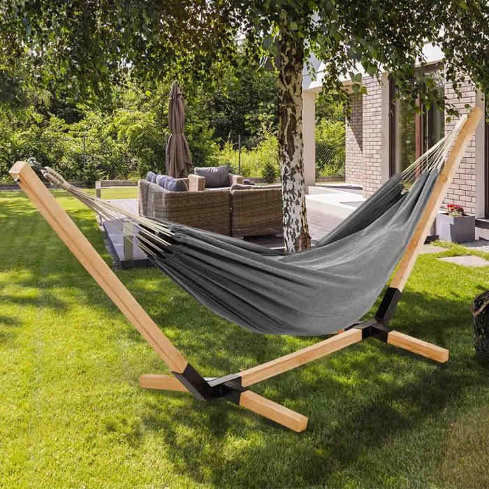 Soporte de hamaca de madera con lona gris antracita - 270 cm