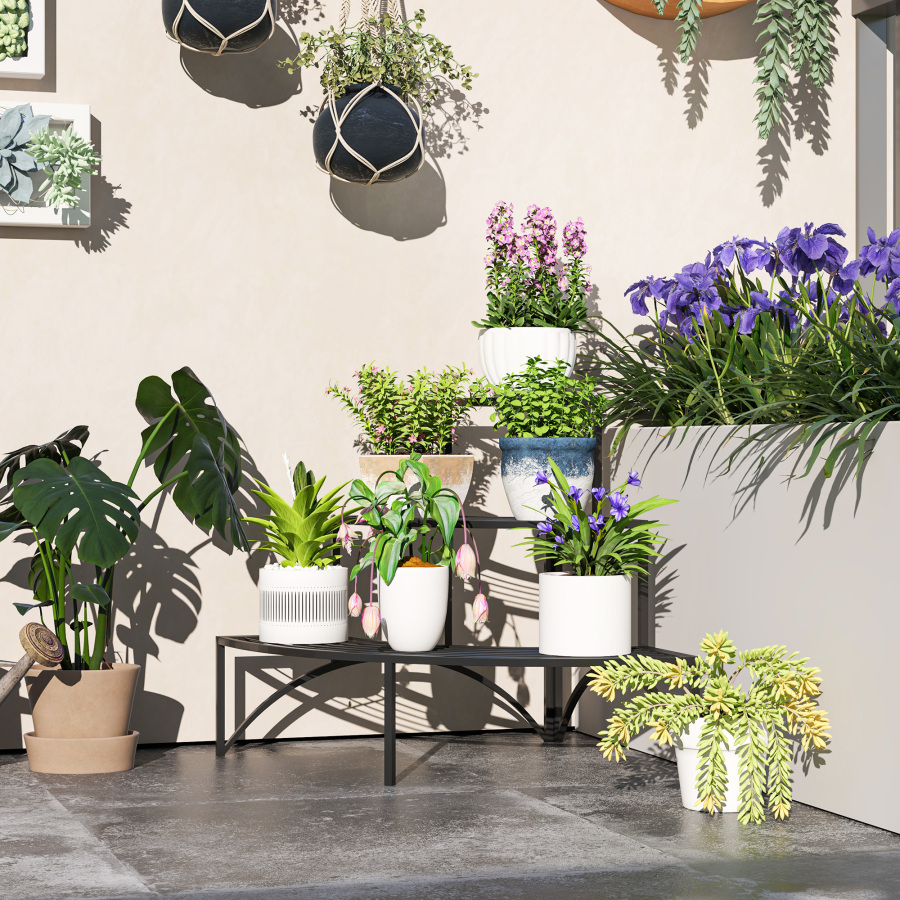 Estantería para plantas de esquina 3 niveles metal negro 60x87x60cm