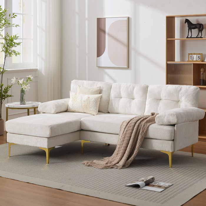 Sofá chaise longue reversible chenilla beige 3 plazas acolchado