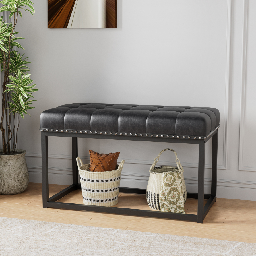Banco tapizado vintage negro capitoné con estructura metálica