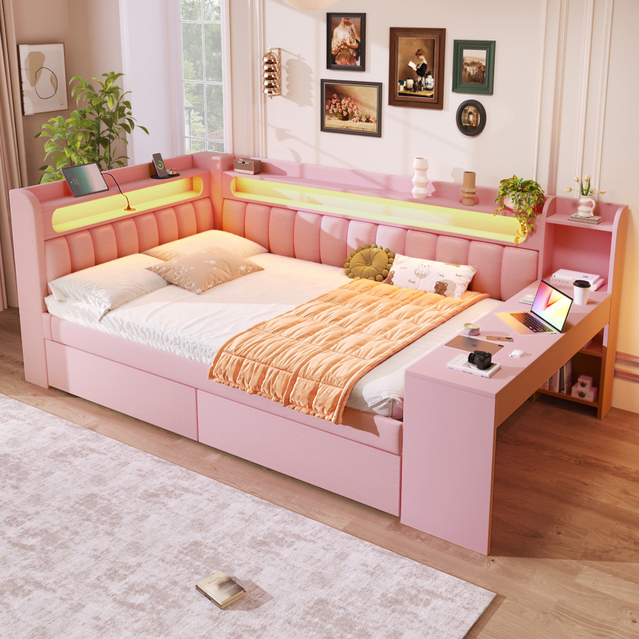 Cama tapizada 140x200 cm con escritorio, usb y LED mdf – rosa
