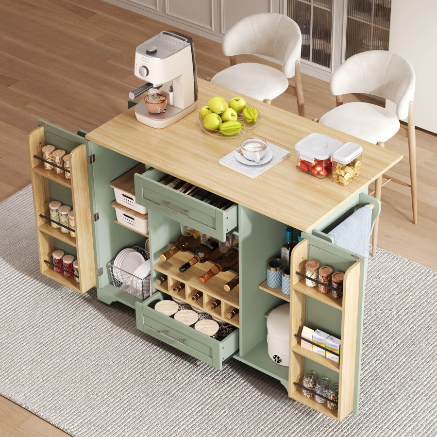 Isla de cocina con ruedas y encimera plegable verde 92x138x45/70cm