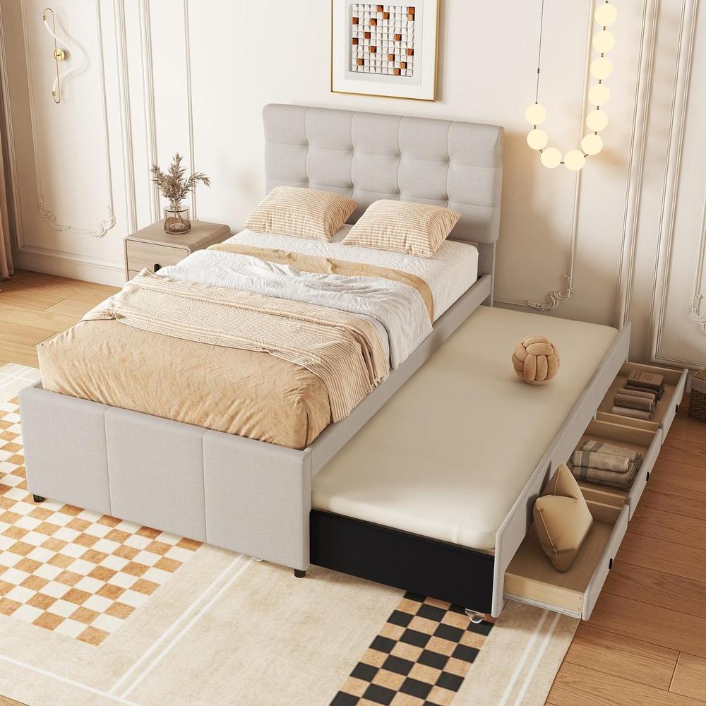Cama tapizada 90x200cm con somier y cajones cabecero regulable beige