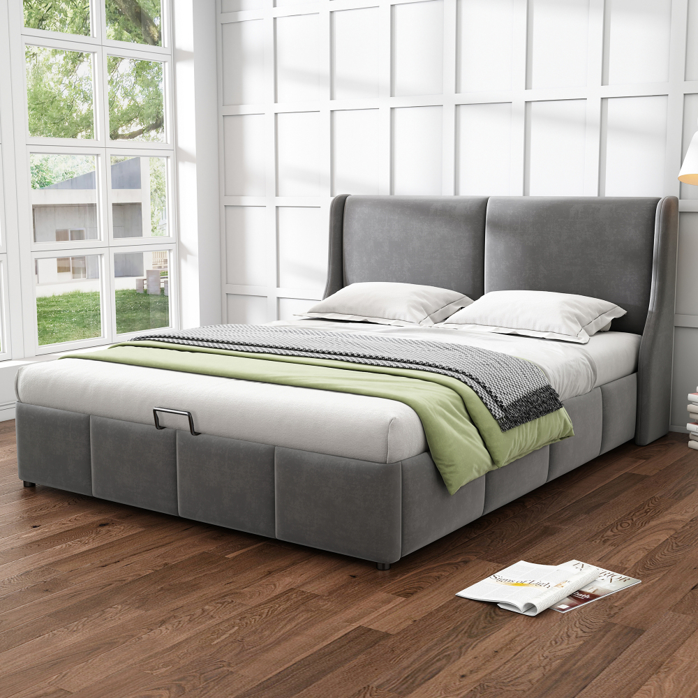 Cama con base elevable 160x200cm tapizada en terciopelo – gris