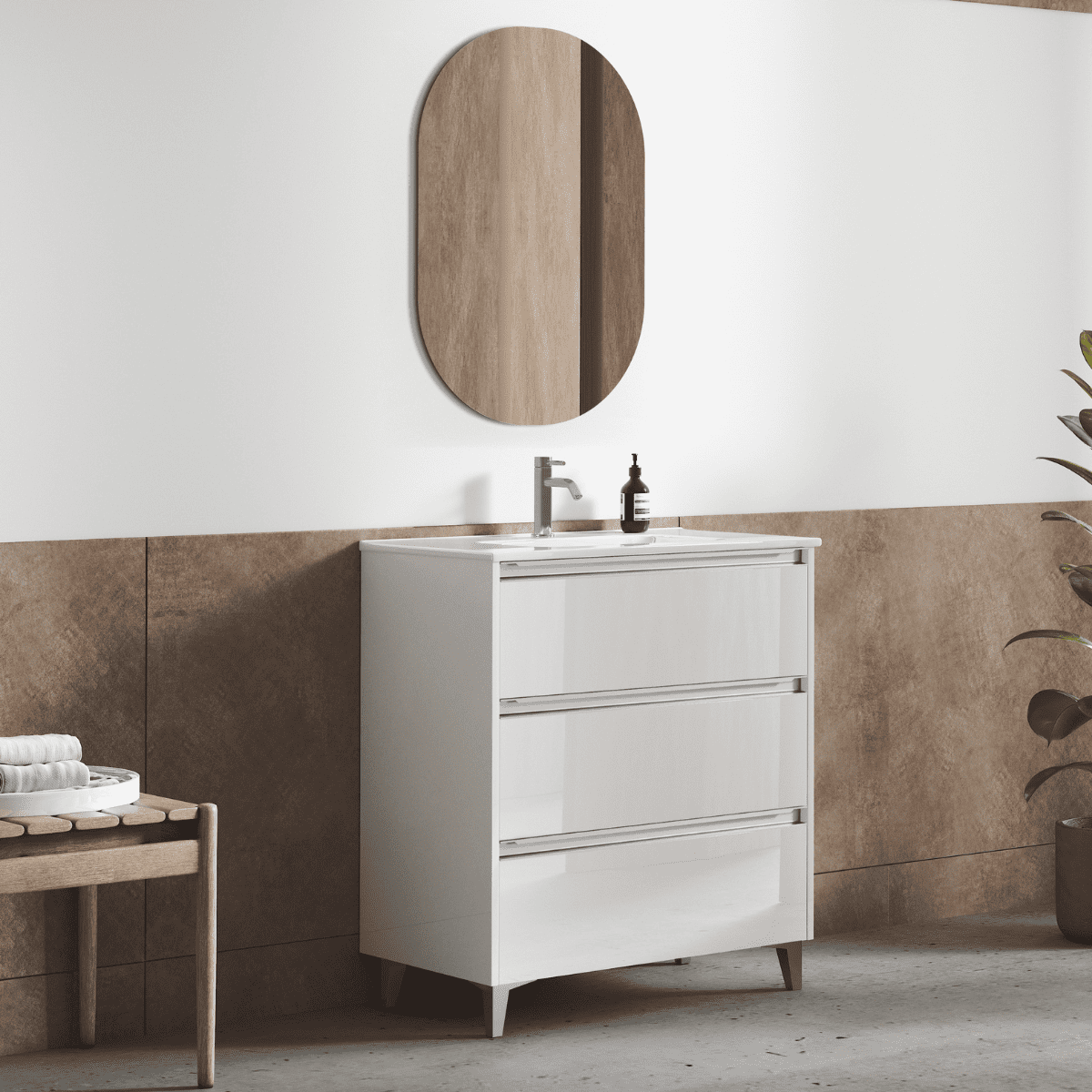 Mueble de baño lavabo cerámico | 3 cajones | 60 cm blanco brillo tir. Cromo