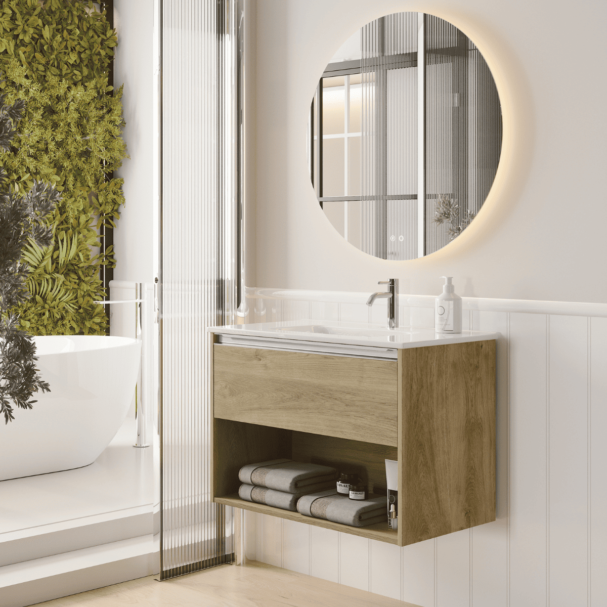 Mueble de baño con lavabo | 1 cajón 1 hueco | 100 cm roble tirador cromo
