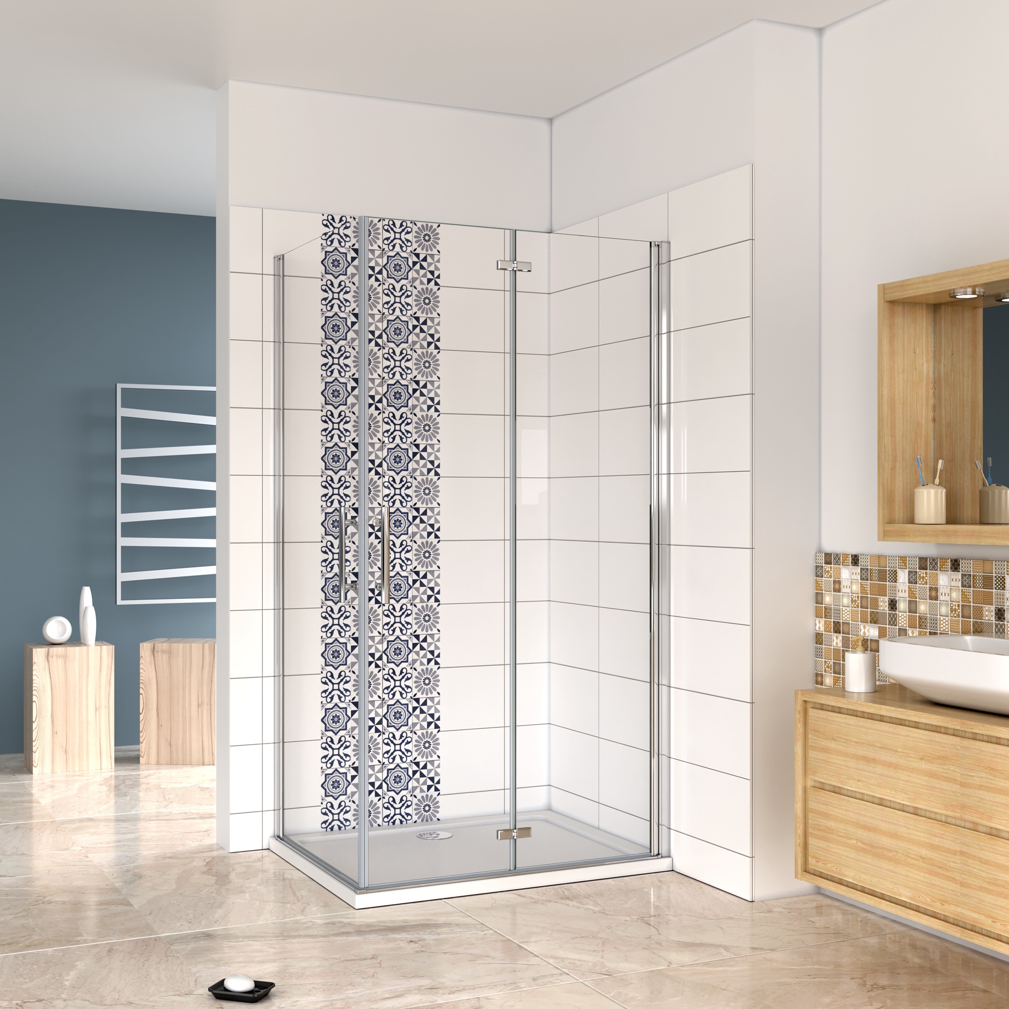 Mampara de ducha rectangular+mampara abatible y plegable,850x900x195cm
