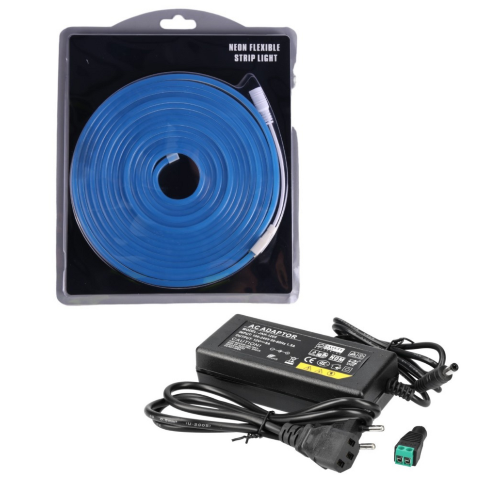 Kit neón LED 12v, 5m 6x12mm 120 LEDs/m. Color azul + tranformador