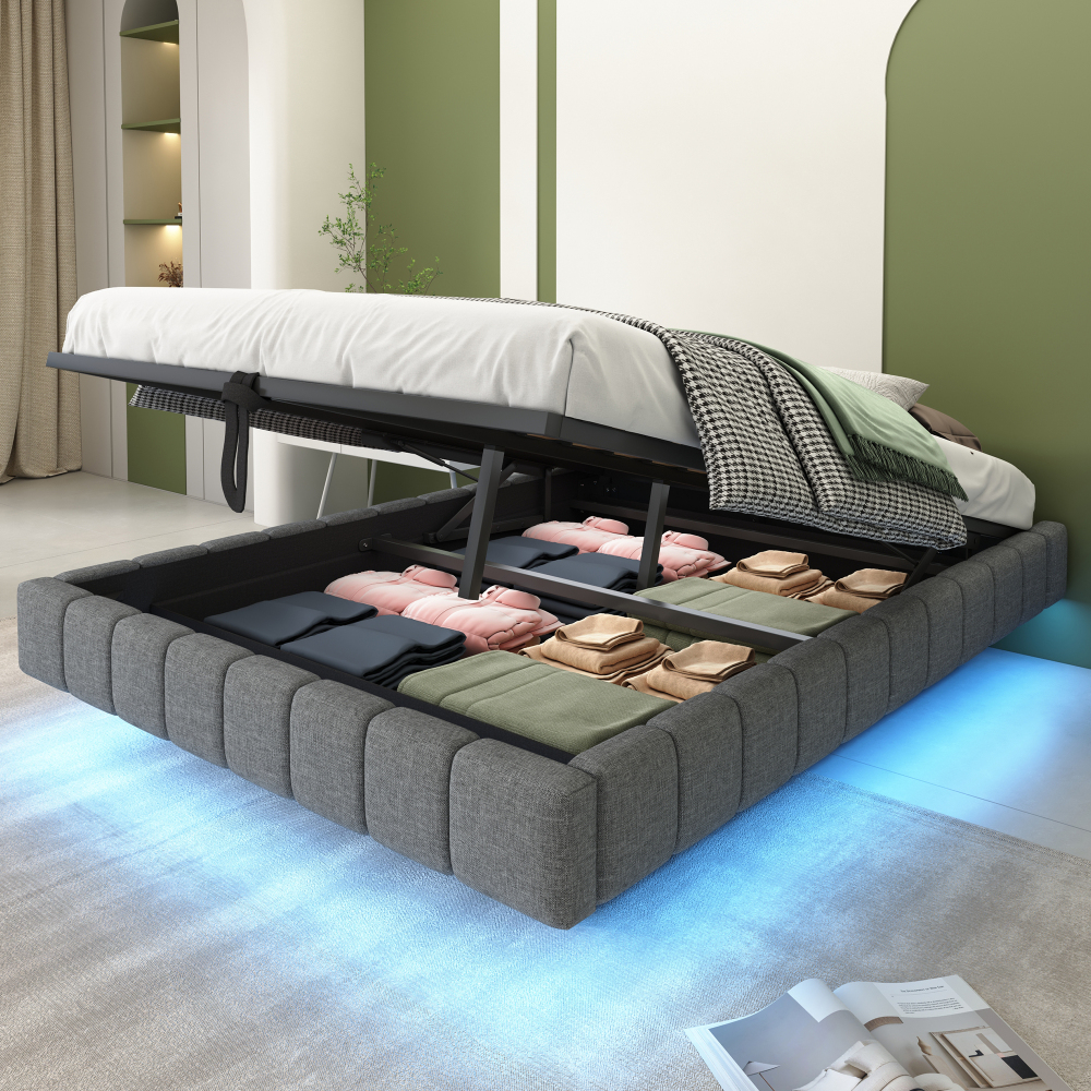 Cama tapizada 140x200cm con canapé hidráulico y LED lino – gris