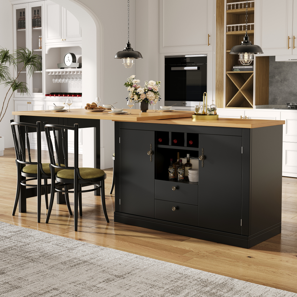 Mesa alta extensible giratoria con almacenaje mdf negro 76x120-180x40cm