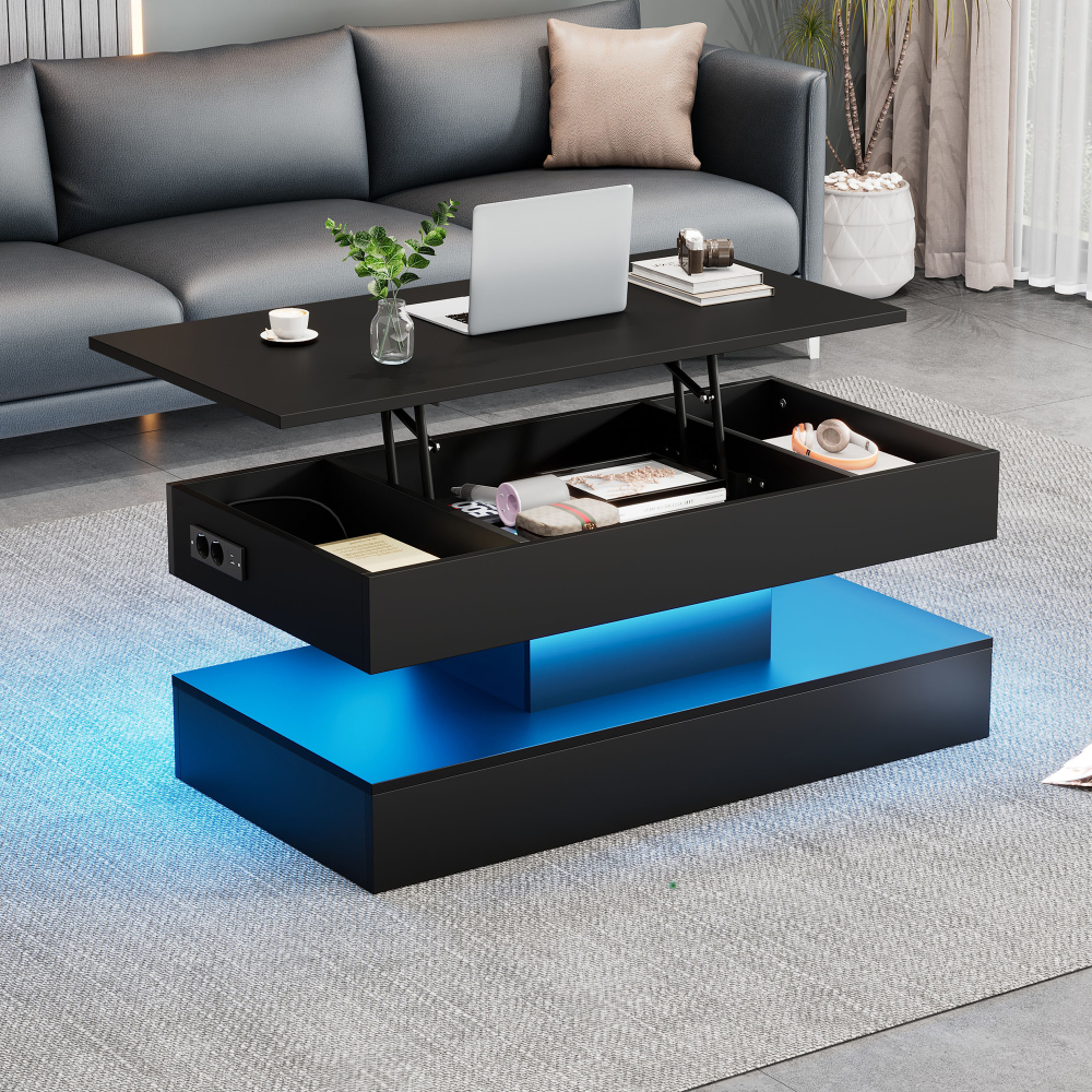 Mesa de centro elevable con LED y enchufe negro 42x100x50cm