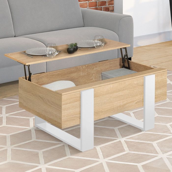 Mesa baja bicolor elevable - madera y blanco - 97,5 x 50 x 40 cm