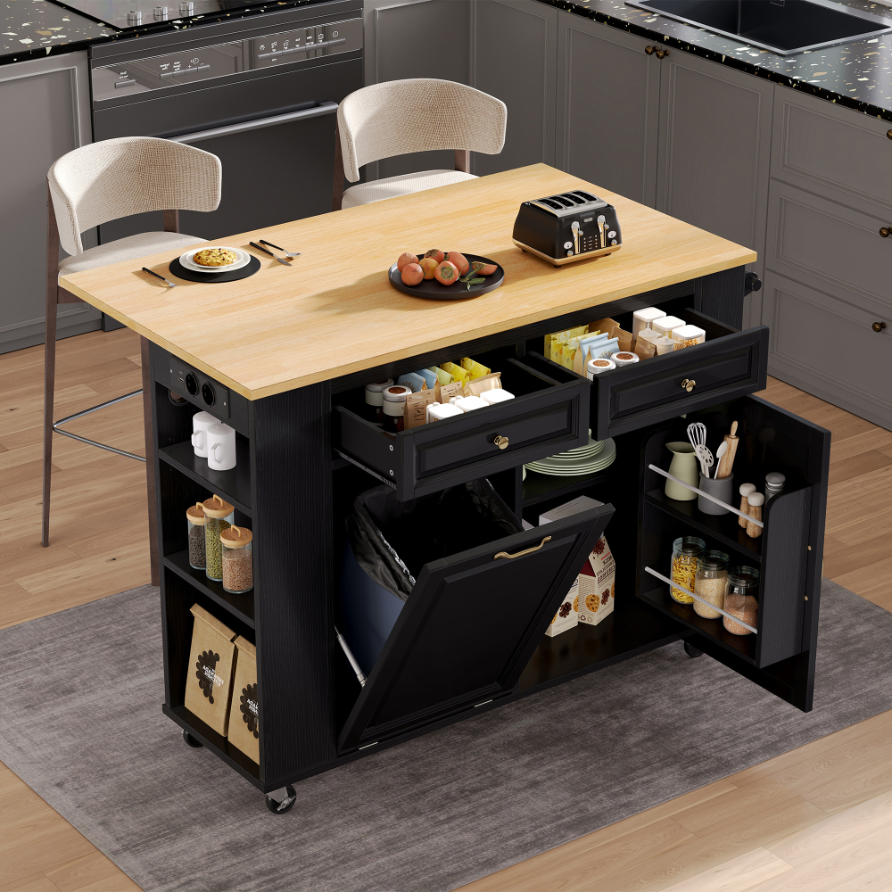 Isla de cocina ruedas, encimera extensible y enchufes negro 92x120x40-70cm