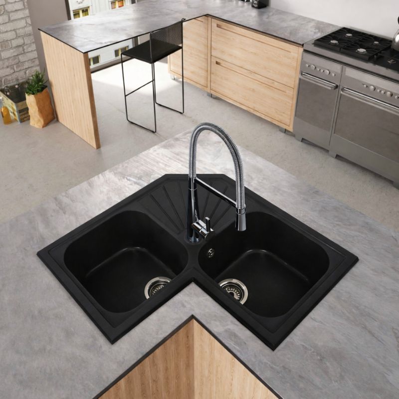Fregadero angular ícaro 2 senos 76,5x76,5 resina negro mueble 80 cm