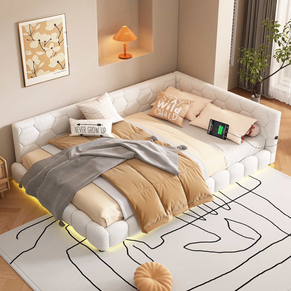 Sofá cama 140x200 cm con LED y carga usb tipo c tapizado – color blanco