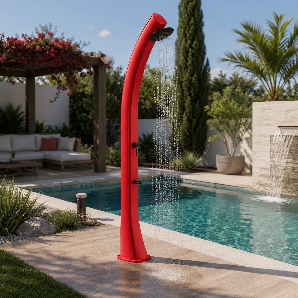 Ducha solar roja 40l para exterior con agua caliente gracias al sol rioxxl