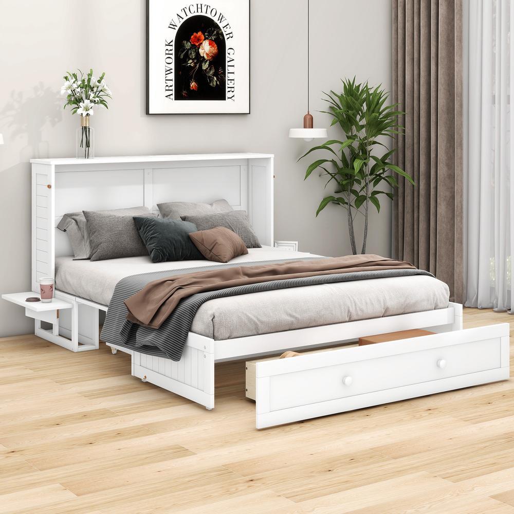 Cama abatible 140x200cm con almacenaje y estantes laterales blanca