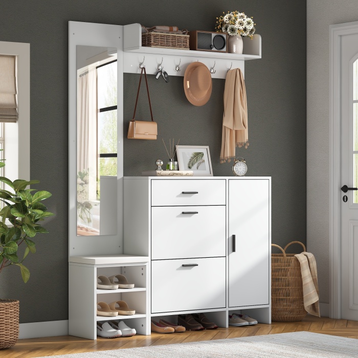 Mueble recibidor con zapatero banco espejo y 1 cajón blanco 200x140x30cm