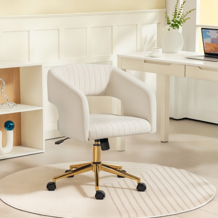 Silla de oficina giratoria terciopelo crema blanca con respaldo semiabierto