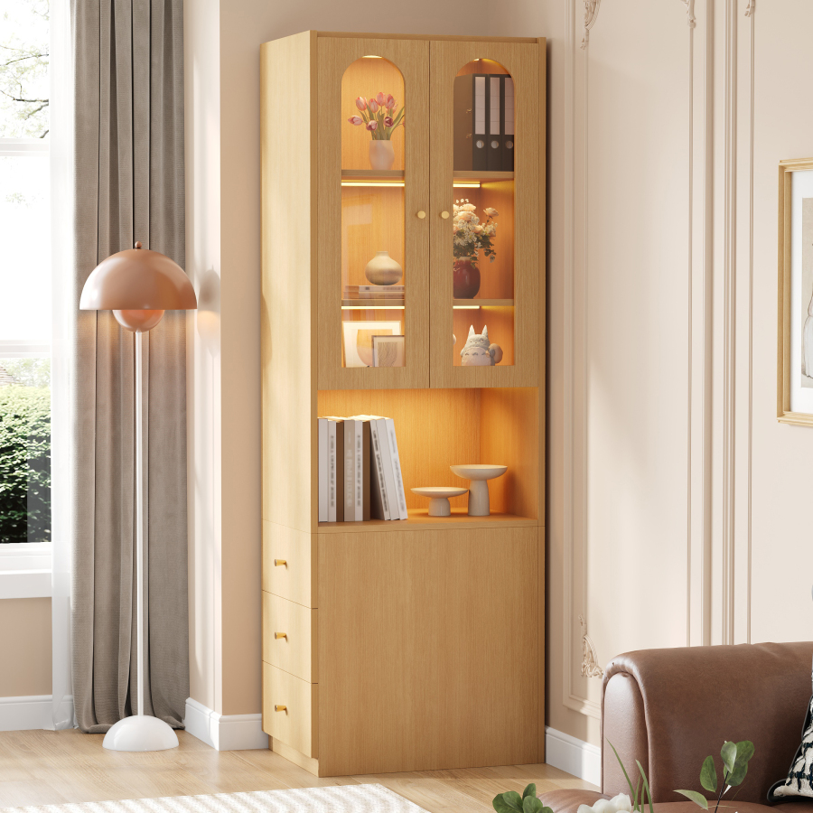 Vitrina librería estrecha con 3 cajones laterales y LED roble 200x60x40cm