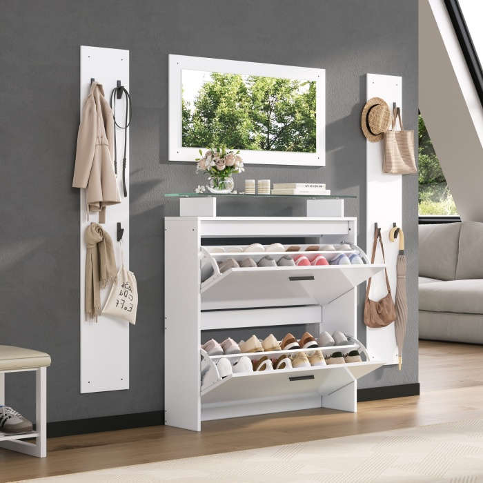 Set de recibidor con espejo y zapatero blanco 96.5x89.5x23cm