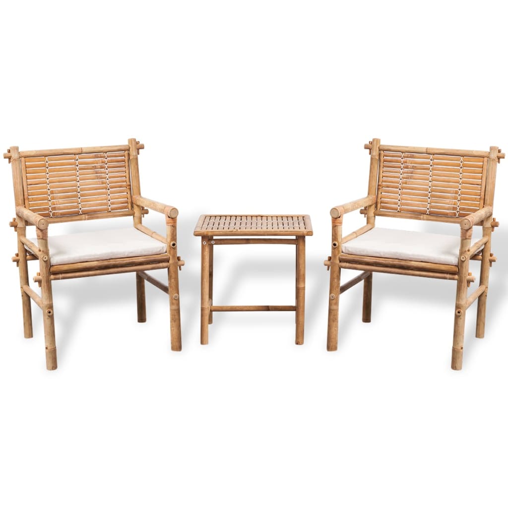 vidaXL set mesa y sillas terraza 3 pzas con cojines bambú