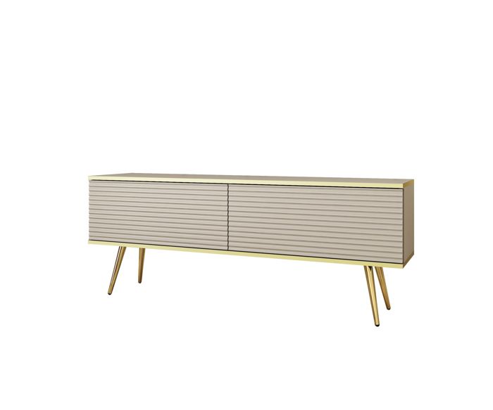 Mueble de tv con lamas beige, patas doradas, 135 x 30 x 52 cm, push to open