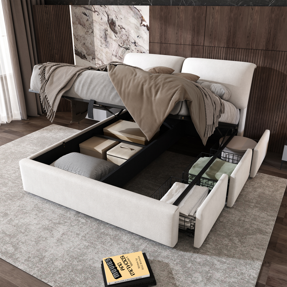 Cama tapizada 140x190cm con canapé hidráulico y 3 cajones terciopelo beige