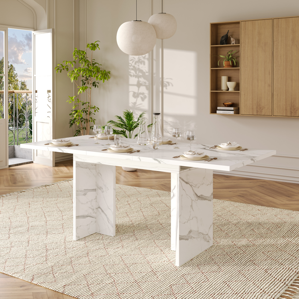 Mesa de comedor extensible mdf mármol blanco 140/180x80cm 6 a 8 personas