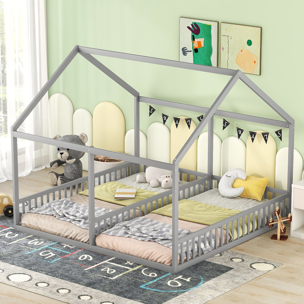 Cama infantil 2 en 1 90x200cm con barandilla, tipo casita, pino y mdf, gris