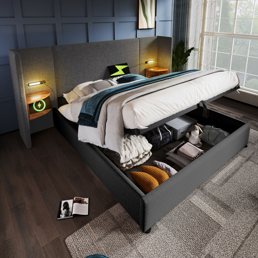 Cama con canapé 180x200cm con lámpara y puerto usb tipo-c lino – gris