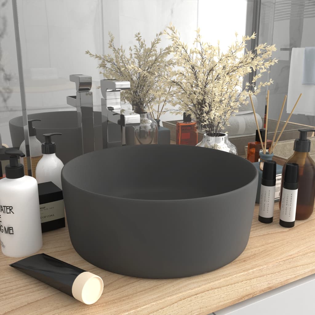 Lavabo de lujo redondo cerámica gris oscuro mate 40x15 cm es2637