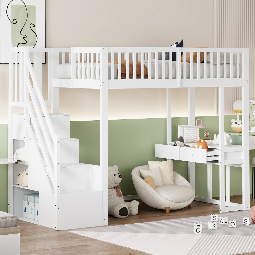 Cama alta 90x200cm con mesa integrada y escalera con almacenaje – blanco
