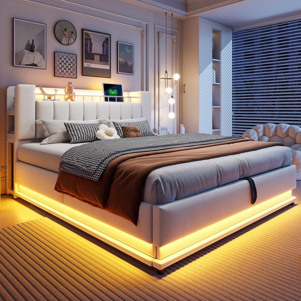 Cama tapizada 180x200cm con LED, usb y canapé hidráulico terciopelo beige