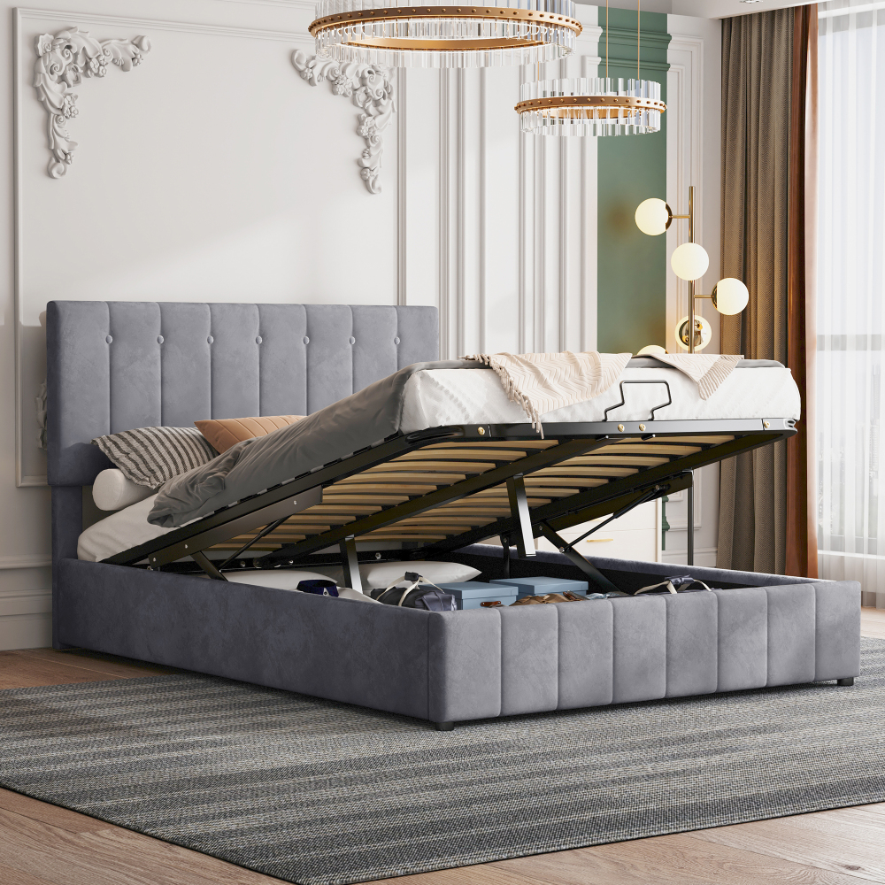 Cama 140x200cm con canapé y cabecero ajustable en terciopelo gris
