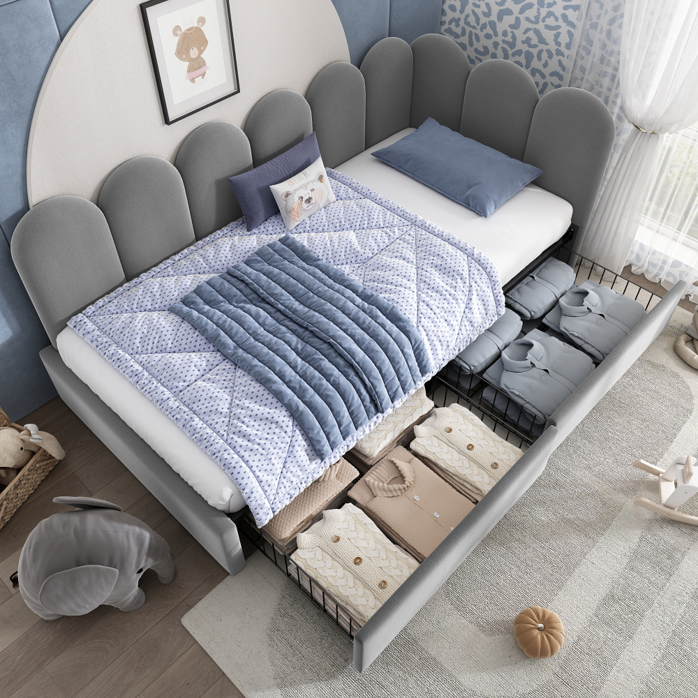 Cama tapizada 90x200 cm con 2 cajones y diseño en l terciopelo – color gris