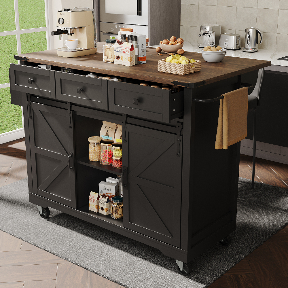 Isla de cocina con 3 cajones y 2 puertas correderas negro 94x140x45cm
