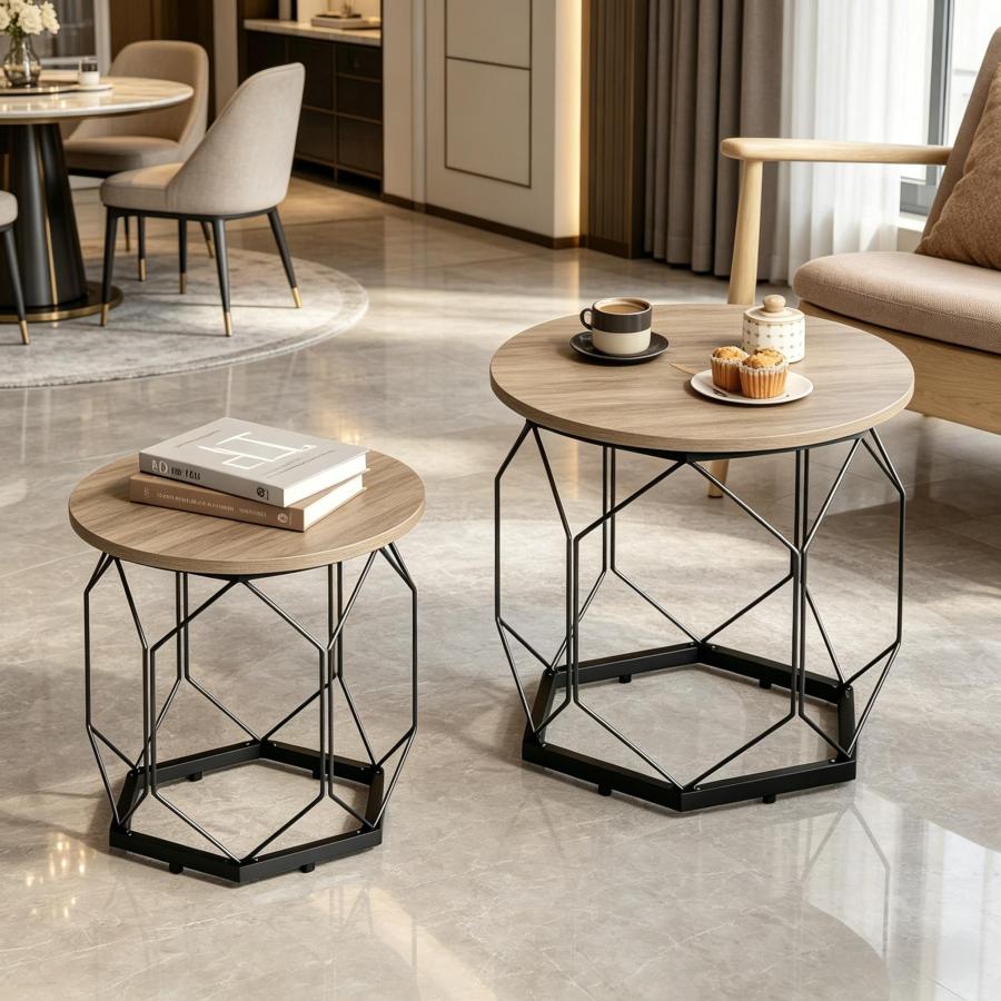 Set de 2 mesas auxiliares con almacenaje metal madera gris 45x50x50cm