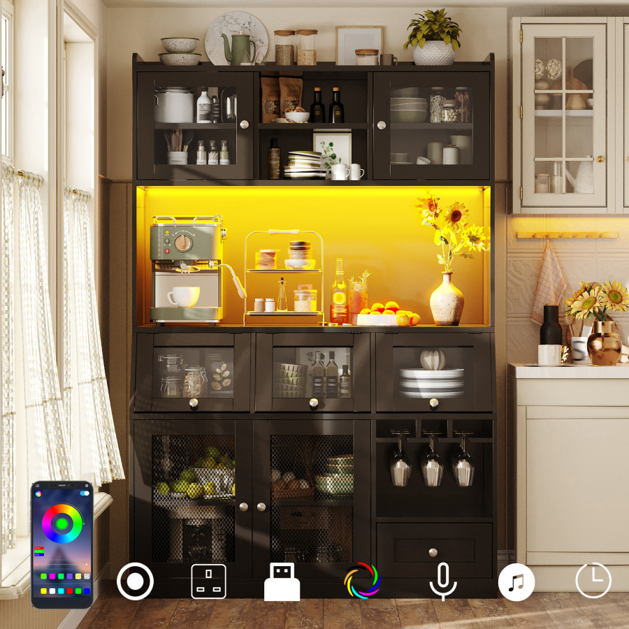 Armario alto de cocina con LED usb 1 cajón negro 181,7x120x40cm