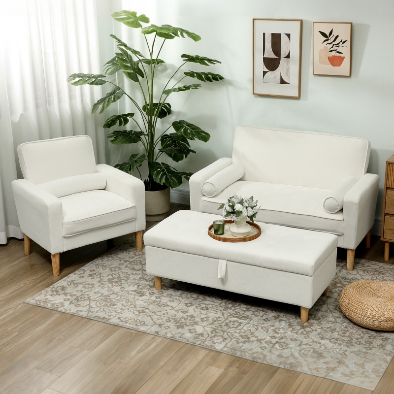 Sofá 2 plazas beige crema tapizado patas madera muelles s
