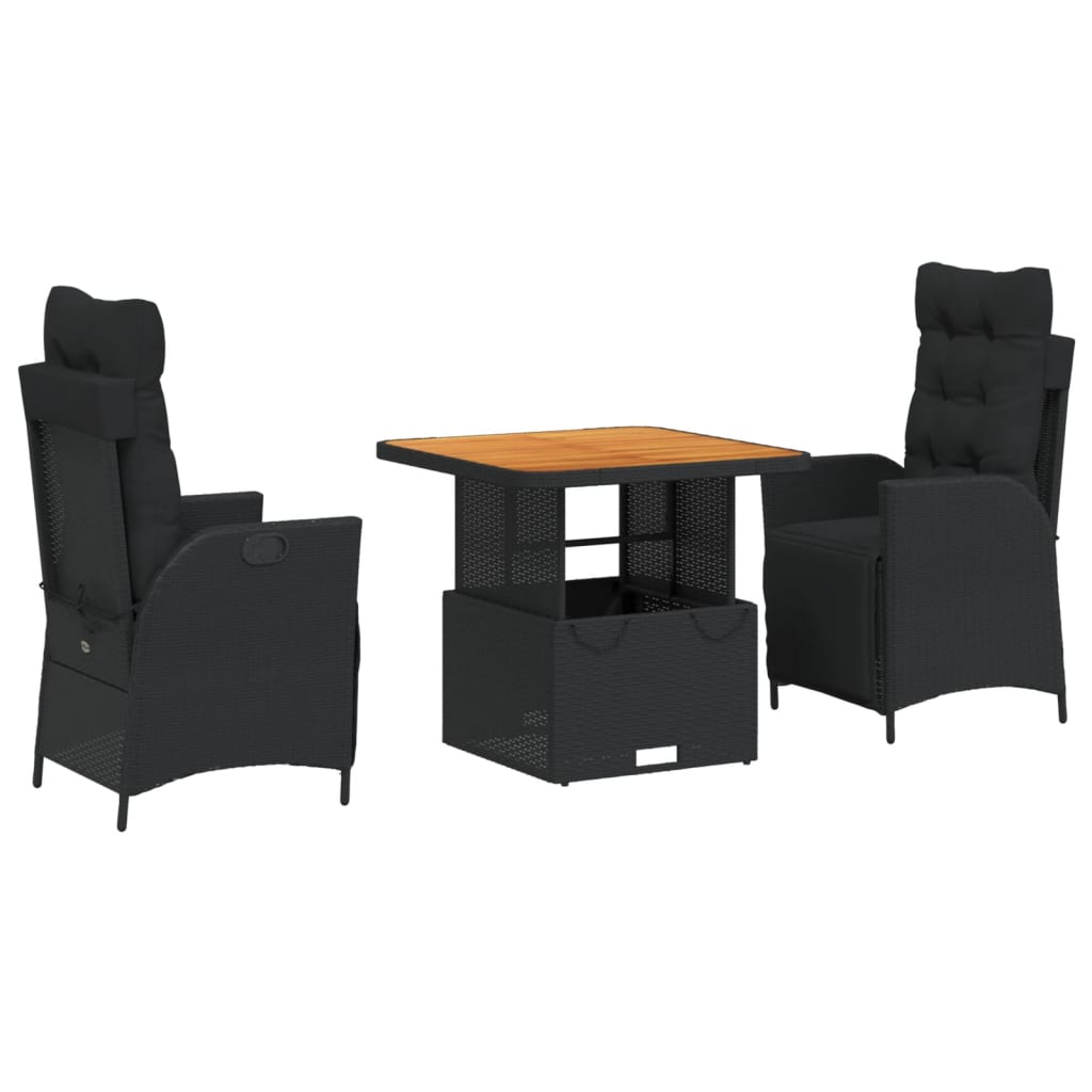 vidaXL set comedor de jardín 3 pzas con cojines ratán sintético negro