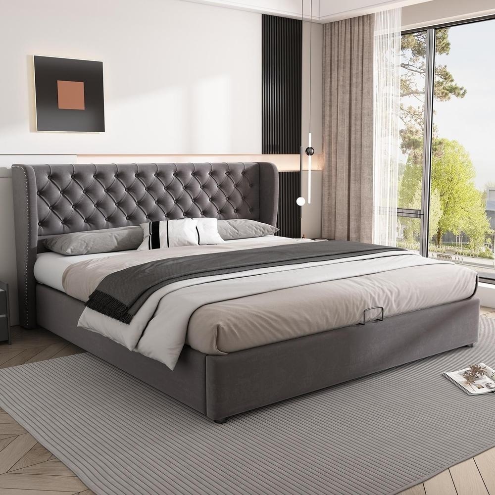 Cama 160x200cm terciopelo gris chesterfield con arcón hidráulico