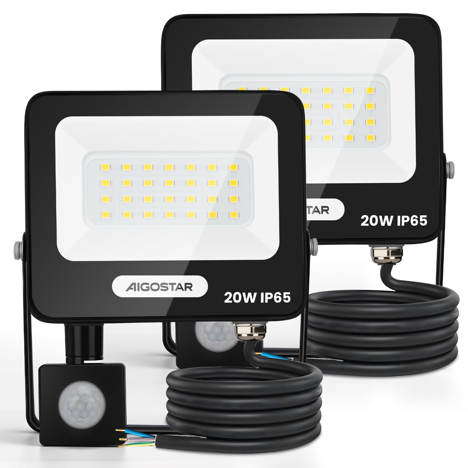 Aigostar 20w foco LED exterior con sensor movimiento pir,2 piezas, 4000k