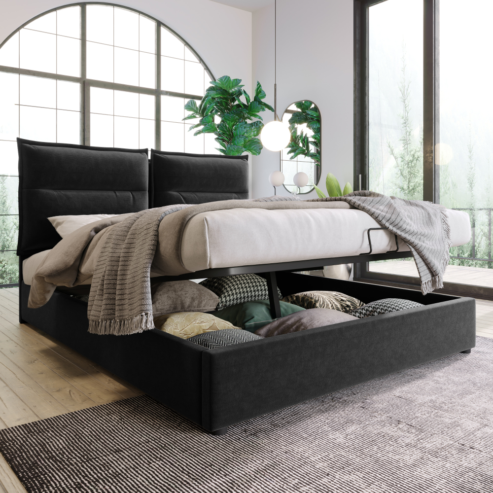 Cama tapizada 140x200cm con canapé y cabecero ajustable terciopelo – negro