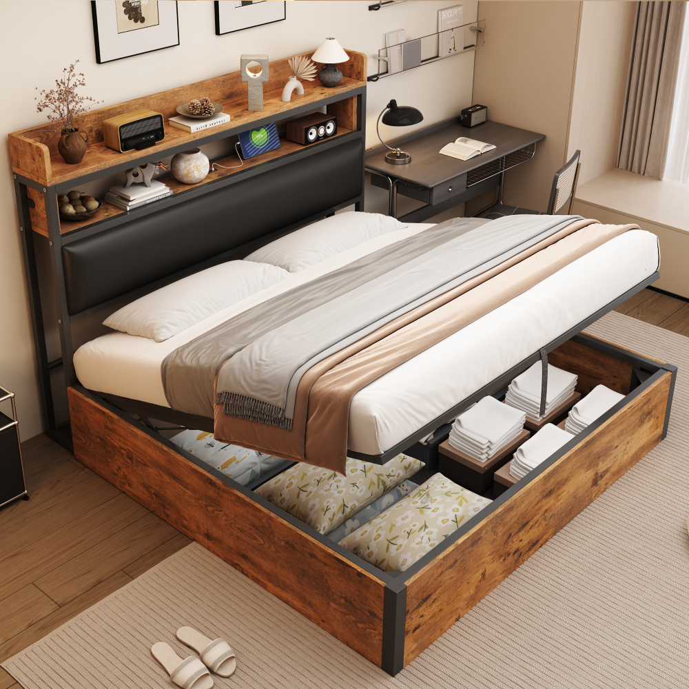 Cama doble 180x200cm con canapé hidráulico y usb madera+metal – negro