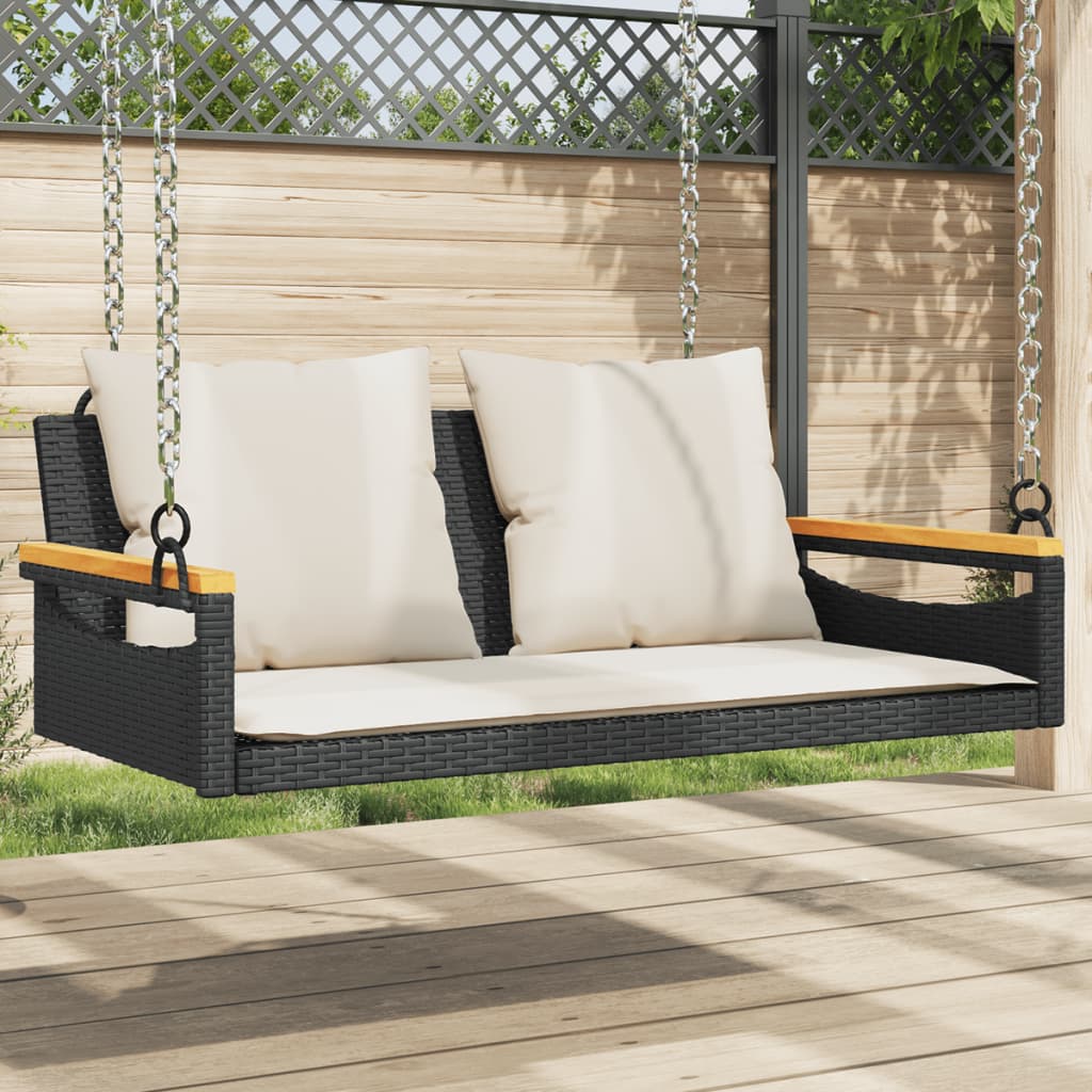 Banco columpio con cojines ratán sintético negro 109x62x40 cm