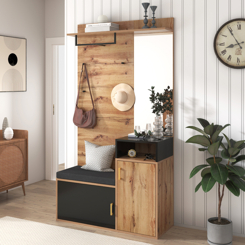 Mueble recibidor con espejo y zapatero 4 ganchos negro 191,5x105x40cm