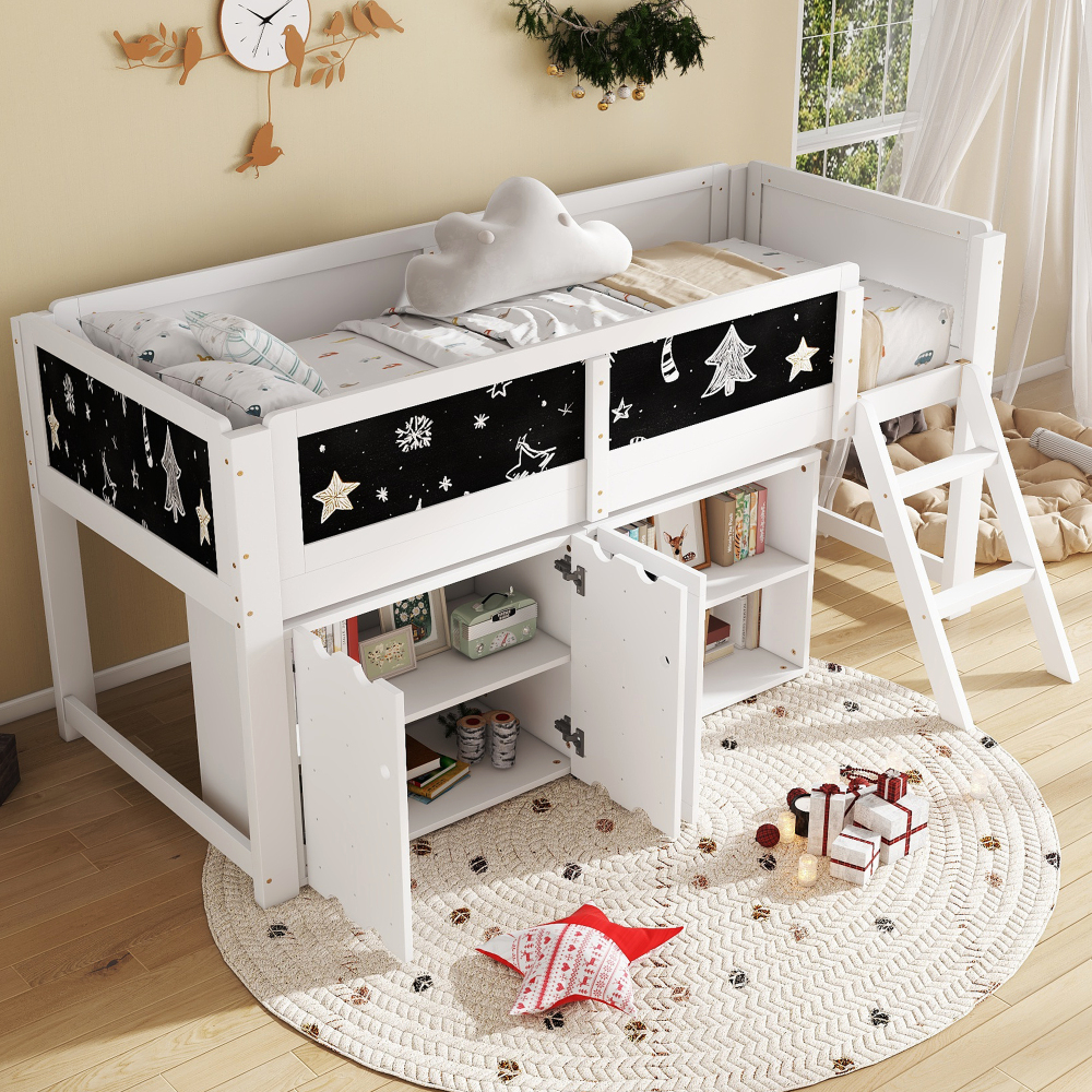 Cama alta 90x200cm con armario y pizarra de madera – blanco y negro