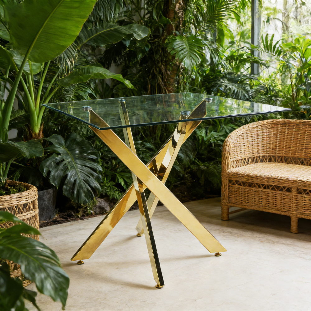 Mesa de comedor cuadrada para cocina/salón cristal+metal dorado 75x80x80cm