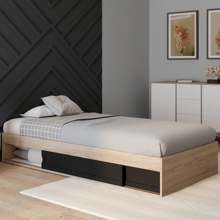 Estructura de cama individual - madera negra - 90 x 190 cm